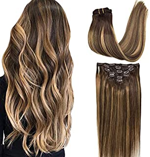 GOO GOO 24 inch Clip in Hair Extensions Ombre Chocolate Brown to Caramel Blonde Remy Clip in Human Hair Extensions Straight Balayage Real Natural Hair Extensions 120g 7pcs