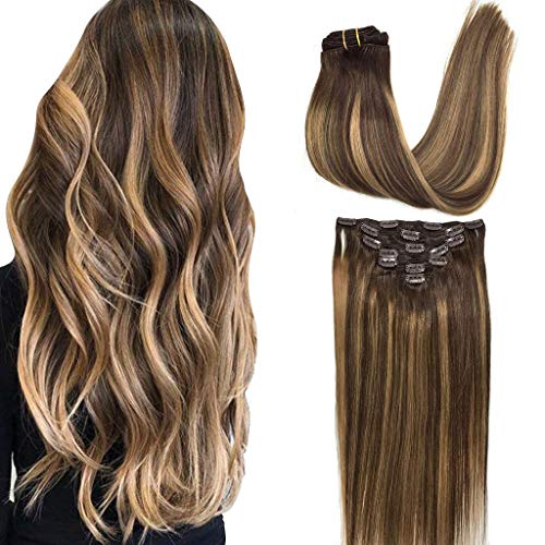 GOO GOO 24 inch Clip in Hair Extensions Ombre Chocolate Brown to Caramel Blonde Remy Clip in Human Hair Extensions Straight Balayage Real Natural Hair Extensions 120g 7pcs