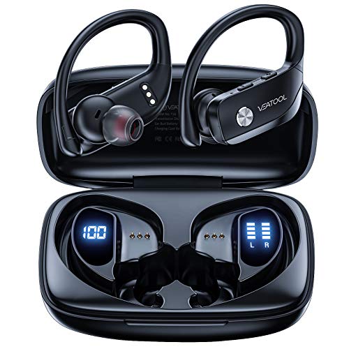 VEATOOL Wireless Earbuds Bluetooth Headphones 48hrs Playtime Sport Earphones with LED Display TWS Stereo Deep Bass Ear Buds with Earhooks Waterproof in-Ear Built-in Mic Headset for Running Workout