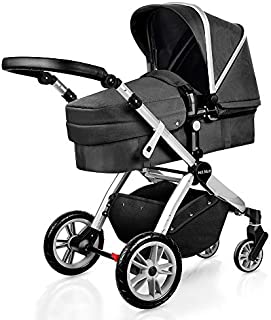 Infant Bassinet Hot Mom 2 in 1 Toddler Stroller Seat and Bassinet Combo,New PU Rubber Wheel,Anti-UV Canopy,Foot Cover with 8 Gifts,Good Quality,Black Grey2