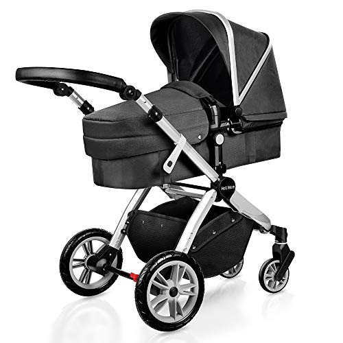 Infant Bassinet Hot Mom 2 in 1 Toddler Stroller Seat and Bassinet Combo,New PU Rubber Wheel,Anti-UV Canopy,Foot Cover with 8 Gifts,Good Quality,Black Grey2