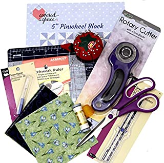 Beginner Sewing Notions for Quilting - Includes Tools, Fabric, Pattern, Instructions for 4 Complete Quilt Blocks, No Sewing Machine Needed