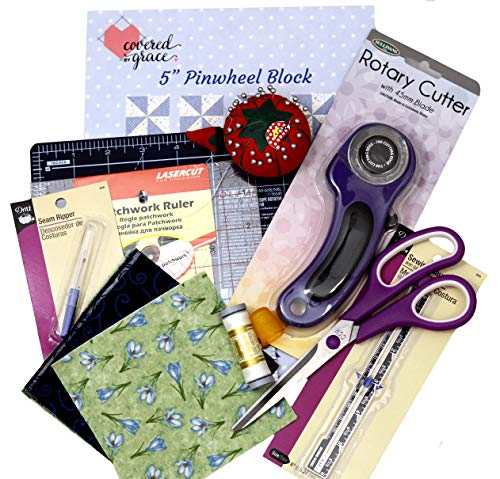 Beginner Sewing Notions for Quilting - Includes Tools, Fabric, Pattern, Instructions for 4 Complete Quilt Blocks, No Sewing Machine Needed