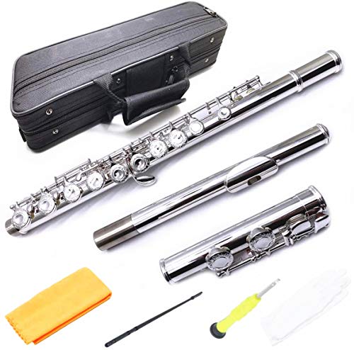 Jiayouy Silver Plated Closed Hole Flutes C 16 Key with Carrying Case Gloves Screwdriver Cleaning Rod and Cloth for Student Beginners Professional Grade