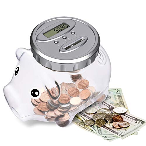 AMAGO Piggy Bank with LCD Display, Digital Savings Bank as a Decoration Gift for Friends and Kids, Large Transparent Bottle Creative Coin Jar.