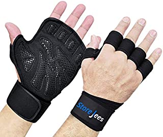 Weight Lifting and Workout Gym Gloves with Wrist Support by STOREJEES - Fingerless Ventilated Pair for Men and Women - Full Palm and Thumb Protection and Natural Grip for Crossfit Training Exercises