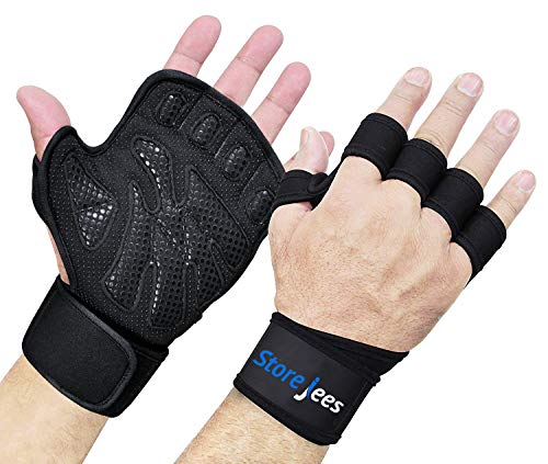 Weight Lifting and Workout Gym Gloves with Wrist Support by STOREJEES - Fingerless Ventilated Pair for Men and Women - Full Palm and Thumb Protection and Natural Grip for Crossfit Training Exercises