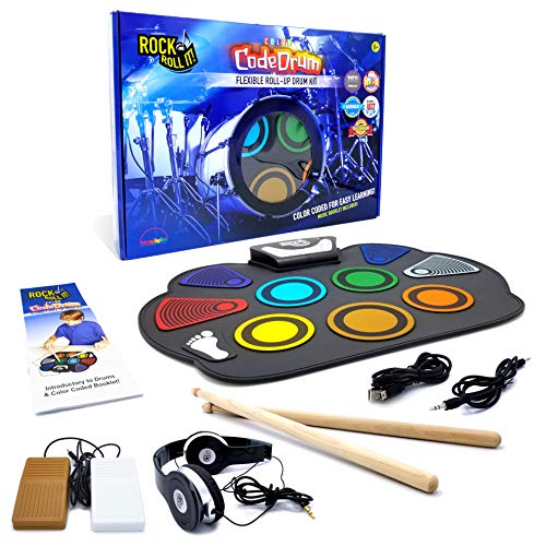 MUKIKIM Rock and Roll It  CodeDrum. Roll Up Portable Drum Set for Kids & Adults. Electronic Silicone Rainbow Drum Pad | Headphones | Pedals | Drum Sticks | Play-by-Color Rhythm Booklet Included