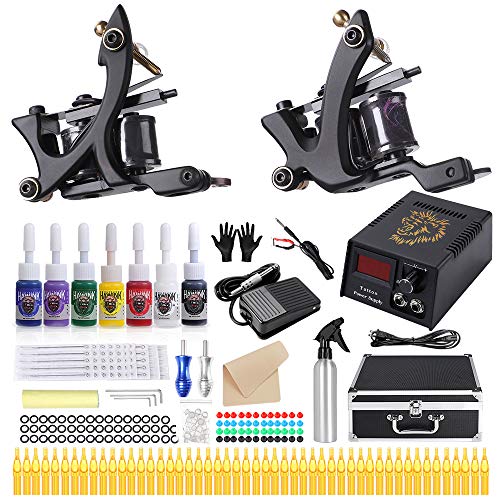 HAWINK Complete Tattoo Kit for Beginners Tattoo Power Supply Kit 7 Tattoo Ink set 50 Tattoo Needles 2 Pro Tattoo Machine Kit Tattoo Supplies TK-HW2002