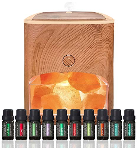 Himalayan Pink Salt Diffuser & 10 Essential Oils  2-in-1 Therapeutic Device - Aromatherapy & Ionic Himalayan Salt Therapy  400ml Ultrasonic Vaporizer and Ionizer with Ambient Glow