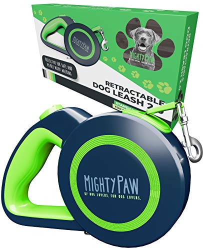 Mighty Paw Retractable Dog Leash 2.0 | 16 Heavy Duty Reflective Nylon Tape Lead for Pets Up to 50 LBS. Tangle Free Design W/ One Touch Quick-Lock Braking System & Anti-Slip Handle. (Green/Lite)