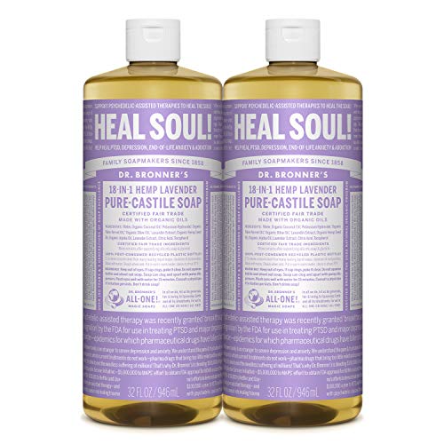 Dr. Bronners - Pure-Castile Liquid Soap (Lavender, 32 ounce, 2-Pack) - Made with Organic Oils, 18-in-1 Uses: Face, Body, Hair, Laundry, Pets and Dishes, Concentrated, Vegan, Non-GMO