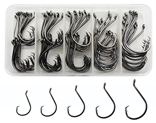 JSHANMEI Fishing Hooks Octopus Circle Hooks Black High Carbon Steel Strong Offset Fish Hooks Set Size 1, 1/0, 2/0, 3/0, 4/0