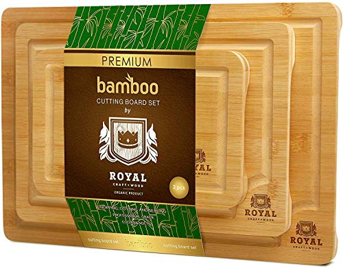 Bamboo Cutting Board with Juice Groove (3-Piece Set) - Kitchen Chopping Board for Meat (Butcher Block) Cheese and Vegetables | Heavy Duty Serving Tray w/Handles