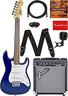 Fender Squier Short Scale Stratocaster - Transparent Blue Bundle with Frontman 10G Amp, Cable, Tuner, Strap, Picks, Fender Play Online Lessons, and Austin Bazaar Instructional DVD