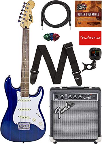 Fender Squier Short Scale Stratocaster - Transparent Blue Bundle with Frontman 10G Amp, Cable, Tuner, Strap, Picks, Fender Play Online Lessons, and Austin Bazaar Instructional DVD