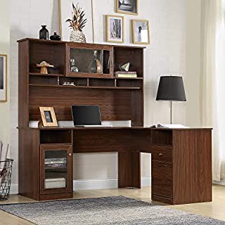 Merax L-Shaped Hutch and Glass Doors, Writing Workstation with Shelves and File Cabinet for Home Office Desk Table, 60.2