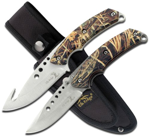 Elk Ridge - Outdoors Hunting Knife Set- 2 PC Fixed Blade and Folding Knife Set, Satin Finished Stainless Steel Blades, Camo Coated Handles, Includes Combo Nylon Sheath - Hunting, Camping, Survival - ER-054CA