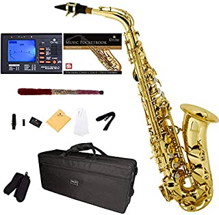 Mendini by Cecilio E-Flat Alto Saxophone, Gold Lacquered + Tuner, Case, Pocketbook - MAS-L+92D+PB