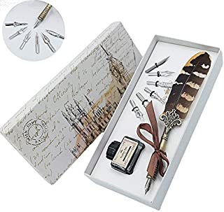 Vintage Quill Pens Feather Calligraphy Set Quill and Ink Pen Natural Handcrafted Feather Dip Pen Set with 6pcs Extra Pen Metal Nibs Writing Pen Xmas Holiday Gift Set