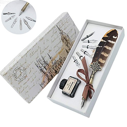 Vintage Quill Pens Feather Calligraphy Set Quill and Ink Pen Natural Handcrafted Feather Dip Pen Set with 6pcs Extra Pen Metal Nibs Writing Pen Xmas Holiday Gift Set