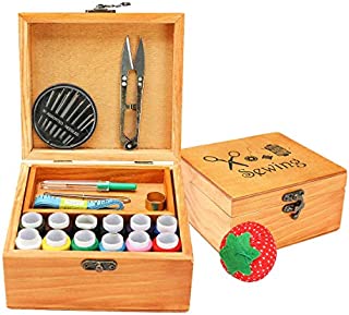 BTU Sewing Kit, Sewing Basket with Accessories, Mini Wooden Sewing Box for Adults, Beginner, Women, Men, Kids, Travel, DIY Sewing Supplies & Sewing Accessories with Wooden Box