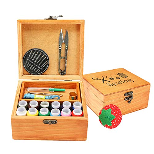 BTU Sewing Kit, Sewing Basket with Accessories, Mini Wooden Sewing Box for Adults, Beginner, Women, Men, Kids, Travel, DIY Sewing Supplies & Sewing Accessories with Wooden Box