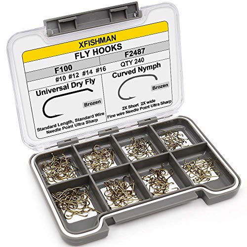 XFISHMAN Fly Hooks for Fly Tying Dry Wet Nymph Flies Curved Fishing Hooks 10# ~16# Assortment Pack of 240 Hooks with Box