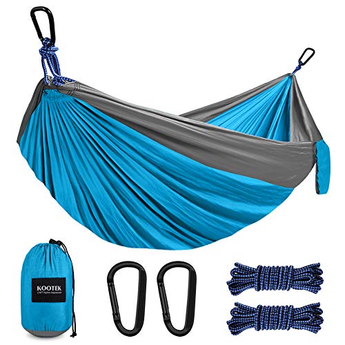 Kootek Camping Hammock Double & Single Portable Hammocks with 2 Hanging Ropes, Lightweight Nylon Parachute Hammocks for Backpacking, Travel, Beach, Backyard, Hiking (Sky Blue & Grey, Small)