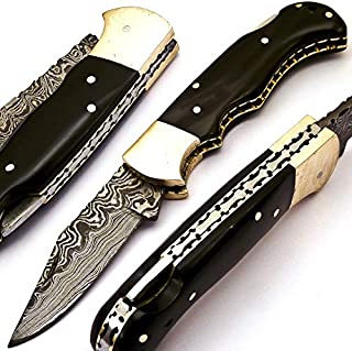 Skokie Knives Custom Hand Made Damascus Steel Hunting Folding Knife Handle Bull Horn