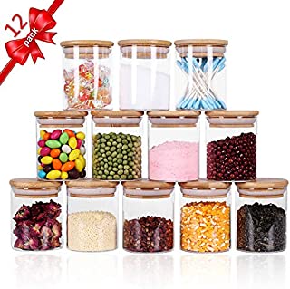 Tzerotone Glass Jars Set,Upgrade Spice Jars with Wood Airtight Lids and Labels, 6oz 12 Piece Small Food Storage Containers for Home Kitchen, Tea, Herbs, Sugar, Salt, Coffee, Flour, Herbs, Grains