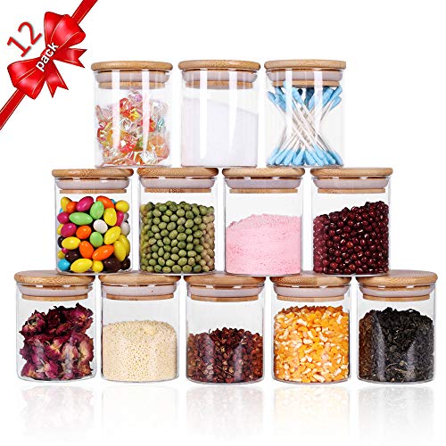 Tzerotone Glass Jars Set,Upgrade Spice Jars with Wood Airtight Lids and Labels, 6oz 12 Piece Small Food Storage Containers for Home Kitchen, Tea, Herbs, Sugar, Salt, Coffee, Flour, Herbs, Grains