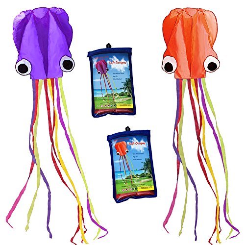 HENGDA KITE-Pack 2 Colors(Orange&Purple) Beautiful Large Easy Flyer Kite for Kids-Software Octopus-It's Big! 31 Inches Wide with Long Tail 157 Inches Long-Perfect for Beach or Park