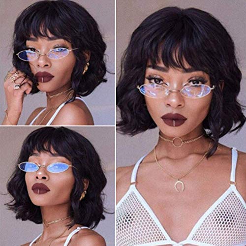 Dreampack Short Natural Wavy Wigs with Flat Bangs Short Bob Wig for African American Women Brazilian Virgin Human Hair Wigs for Black Women Machine Made Glueless Wigs (8 inch)