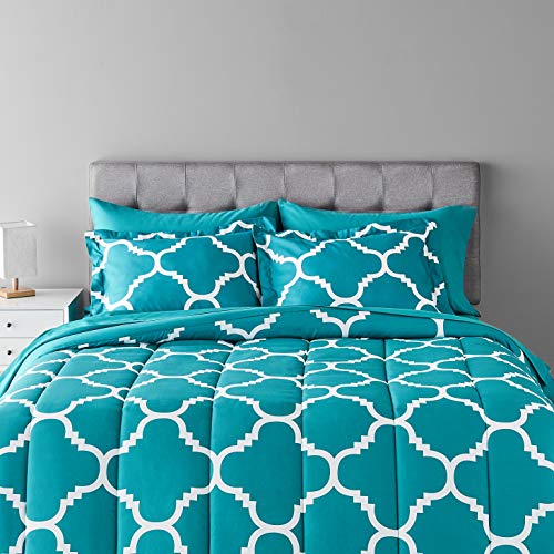 Amazon Basics 7-Piece Light-Weight Microfiber Bed-In-A-Bag Comforter Bedding Set - Full or Queen, Teal Trellis