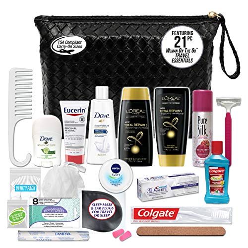 Convenience Kits International Womens Premium 21-Piece Kit with Travel Size TSA Compliant Essentials, Featuring: L'Oreal Paris Hair Products in Stylish Cosmetic Bag