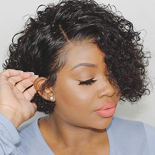 Human Hair Wigs Short Bob Curly Wig Lace Part Glueless Wigs Natural Wave African American Wigs for Black Women Natural Black Color