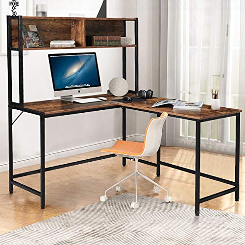 YOLENY 55 Inch L-Shaped Computer Desk with Hutch,Space-Saving Corner Desk with Storage Shelves,Home Office Desk Study Workstation for Home,Office