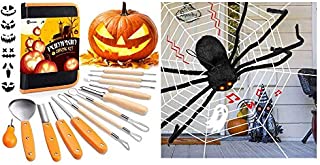 D-FantiX 13 Pieces Halloween Pumpkin Carving Kit + 4 Feet Large Light Up Spider with Web