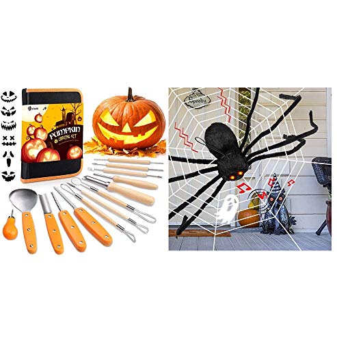 D-FantiX 13 Pieces Halloween Pumpkin Carving Kit + 4 Feet Large Light Up Spider with Web