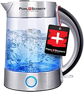 Pohl Schmitt 1.7L Electric Kettle with Upgraded Stainless Steel Filter, Inner Lid & Bottom, Glass Water Boiler & Tea Heater with LED, Cordless, Auto Shut-Off - Boil-Dry