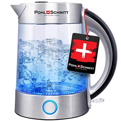 Pohl Schmitt 1.7L Electric Kettle with Upgraded Stainless Steel Filter, Inner Lid & Bottom, Glass Water Boiler & Tea Heater with LED, Cordless, Auto Shut-Off - Boil-Dry