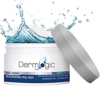 Anti Aging Resurfacing Peel Pads - Contains Salicylic, Glycolic, & Lactic Acid for Face & Body Including Hyaluronic Acid, Witch Hazel, Green Tea & Aloe Vera. Exfoliates to Correct Dark Spots & Scars.