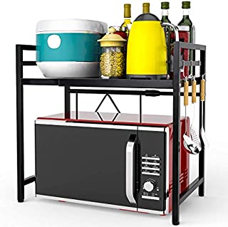 FUNSEED Expandable Microwave Oven Rack, Horizontal Extension Carbon Steel Microwave Shelf, 2-Tier Kitchen Counter Top Shelf Organizer with 3 Hooks, 66lbs Load Bearing (Black)