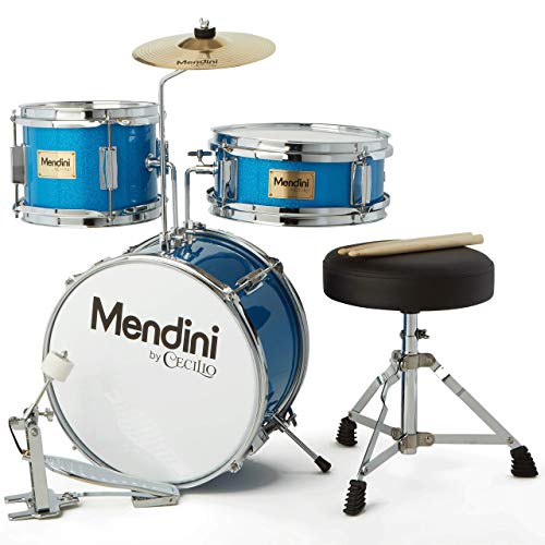 Mendini by Cecilio 13 inch 3-Piece Kids/Junior Drum Set with Throne, Cymbal, Pedal & Drumsticks (Blue Metallic)