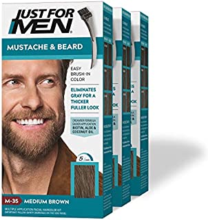 Just For Men Mustache & Beard, Beard Coloring for Gray Hair with Brush Included - Color: Medium Brown, M-35 (Pack of 3)