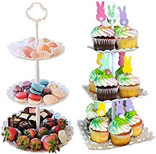 2 Set of 3-Tier Plastic Cupcake Stand Dessert Plates Mini Cakes Fruit Candy Display Tower White for Kids Birthday Tea Party Baby Shower Serving Tray (Large)