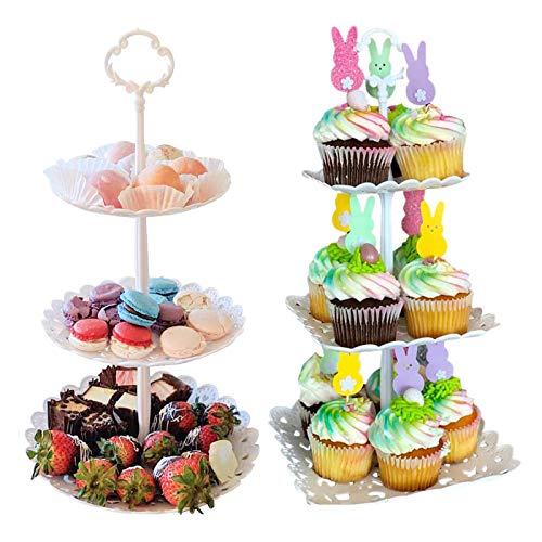 2 Set of 3-Tier Plastic Cupcake Stand Dessert Plates Mini Cakes Fruit Candy Display Tower White for Kids Birthday Tea Party Baby Shower Serving Tray (Large)