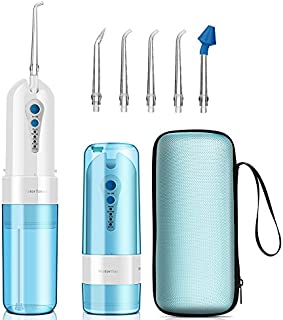 Water Flosser Professional Cordless for Teeth, KOOVON Portable Travel Teeth Cleaner - Electric Rechargeable Dental Oral Irrigator with 4 Modes & 5 Replacement Tips, IPX7 Waterproof, Travel Bag