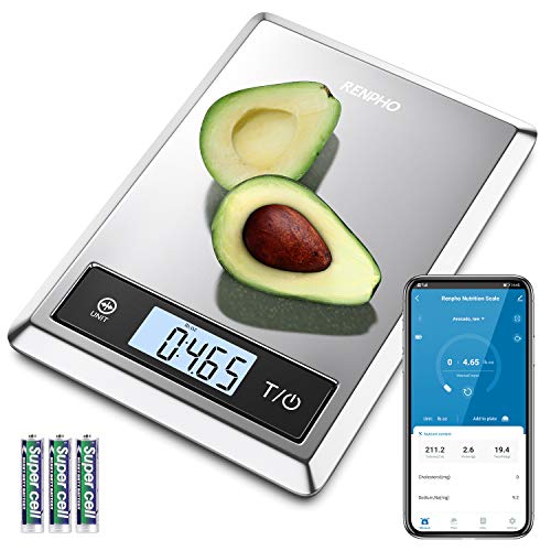 RENPHO Digital Food Scale, Kitchen Scale Weight Grams and oz for Baking, Cooking and Coffee with Nutritional Calculator for Keto, Macro, Calorie and Weight Loss with Smartphone App, Stainless Steel